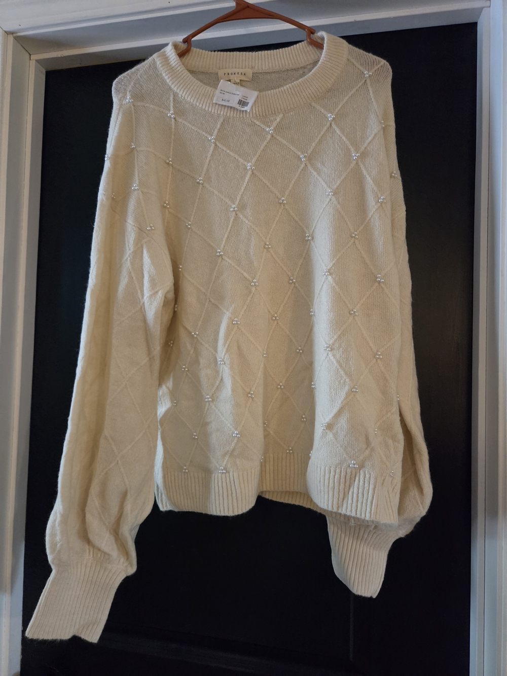 Promesa Cream Crewneck Sweater with Beaded Diamond Detail